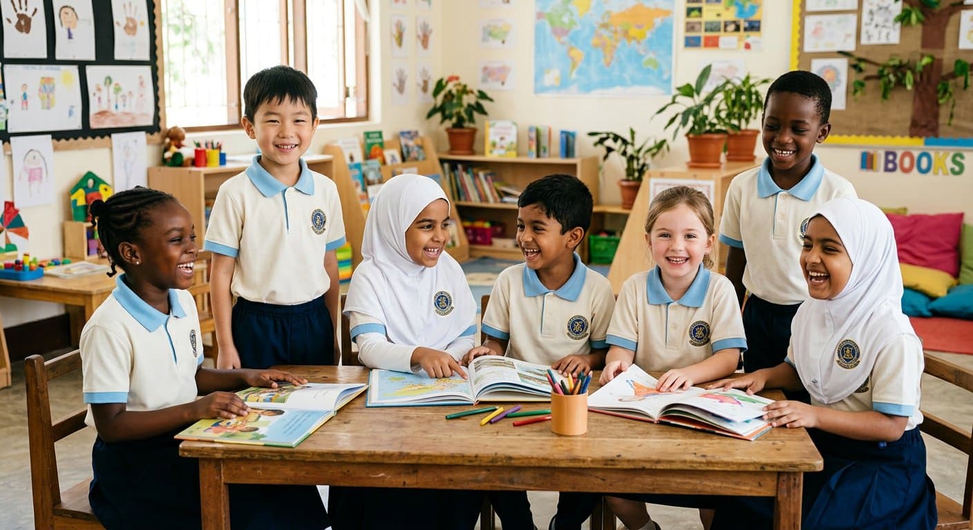 LIS learners of many backgrounds in cream and sky-blue uniforms, reading together in a colourful classroom