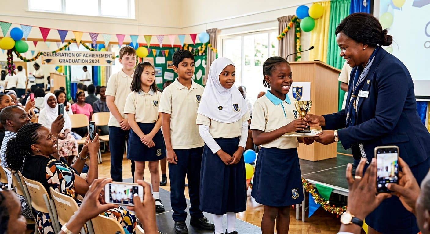 Graduating pupils receiving certificates on stage
